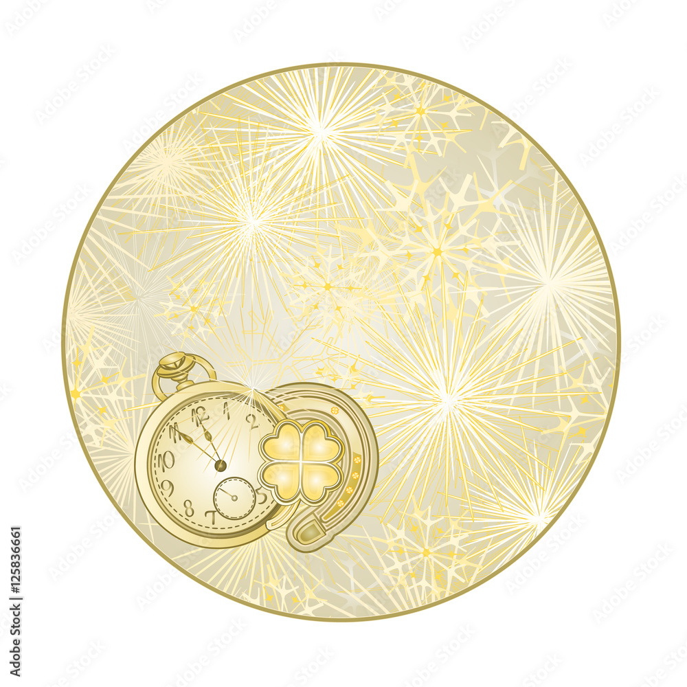 Button circle New Year fireworks with watches and lucky symbols gold ...