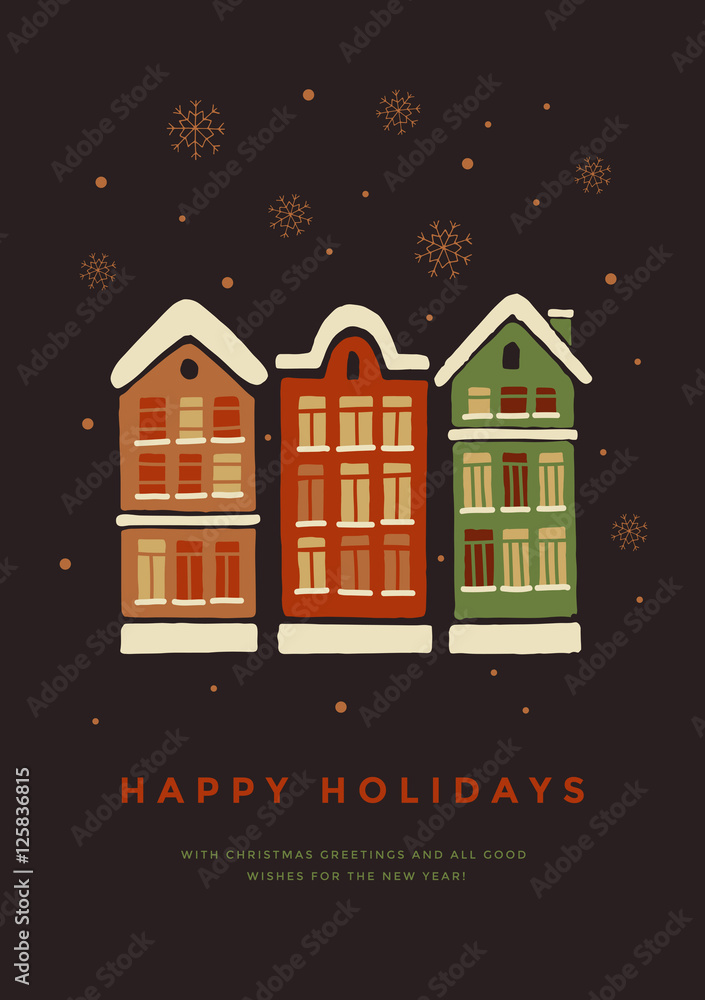 Christmas card. Houses in the snow. Hand drawn Christmas and New Year vector elements. This illustration can be used as a greeting card, poster or print.