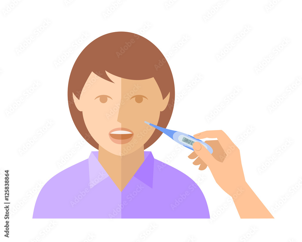 Female hand is holding digital thermometer and is measuring the temperature of a girl. Vector flat concept illustration isolated on white background. Design element for infographic and social network. Female hand is holding digital thermometer and is measuring the temperature of a girl. Vector flat concept illustration isolated on white background. Design element for infographic and social network.