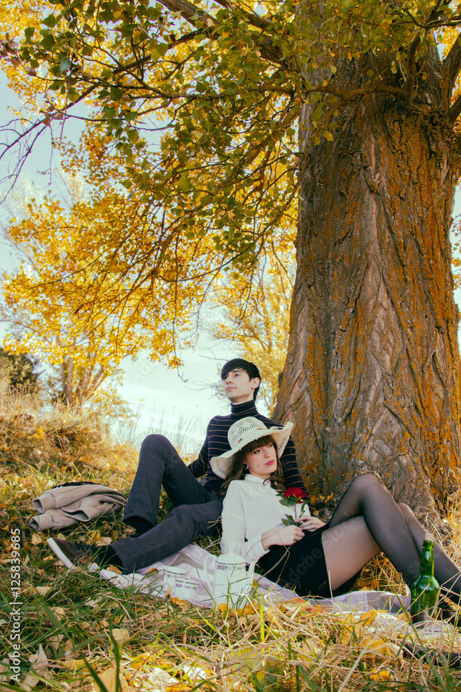 Fototapeta premium Pareja joven pasando un día de otoño en el campo haciendo un picnic 