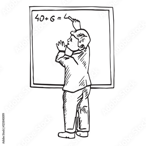 Boy write on school board, hand drawn doodle, sketch in pop art style, vector