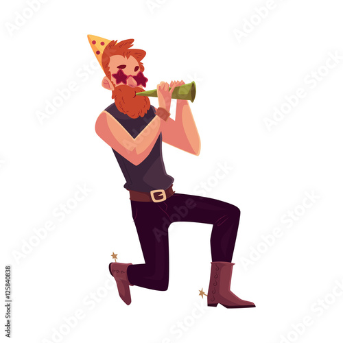 Young hipster in star glasses and cowboy boots standing on one knee and blowing into birthday horn, cartoon vector illustration isolated on white background. Young red haired man at birthday party