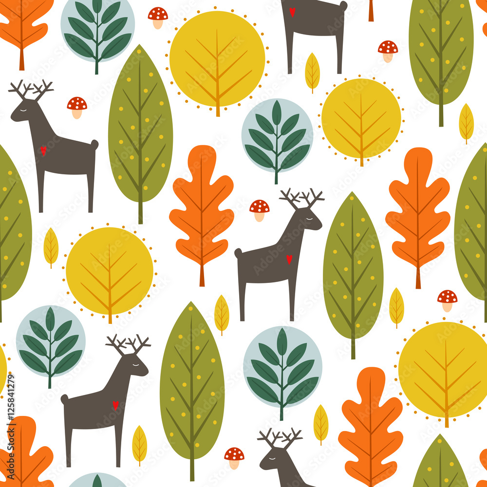 Autumn trees and deer seamless pattern on white background. Decorative ...