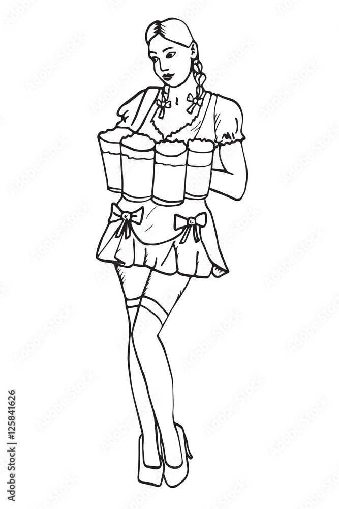 Waitress with beer, hand drawn doodle, sketch in pop art style, vector Waitress with beer, hand drawn doodle, sketch in pop art style, vector