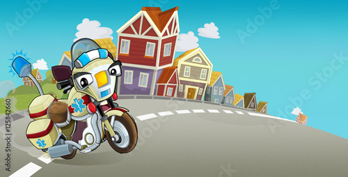 Cartoon stage with emergency vehicle - ambulance motorcycle - colorful and cheerful scene - illustration for children © honeyflavour