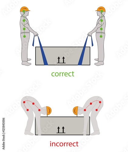 Correct posture to lift a heavy object safely. Illustration of health care. vector illustration