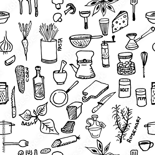 Seamless pattern on a kitchen theme. A variety of products, kitchenware, appliances and condiments. Cooking, Healthy Eating. EPS10