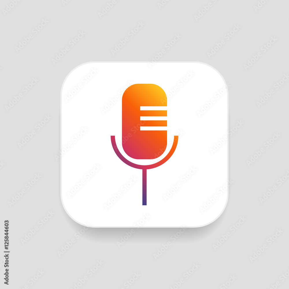 Microphone icon vector, clip art. Also useful as logo, square app icon, web UI element, symbol, graphic image, silhouette and illustration.