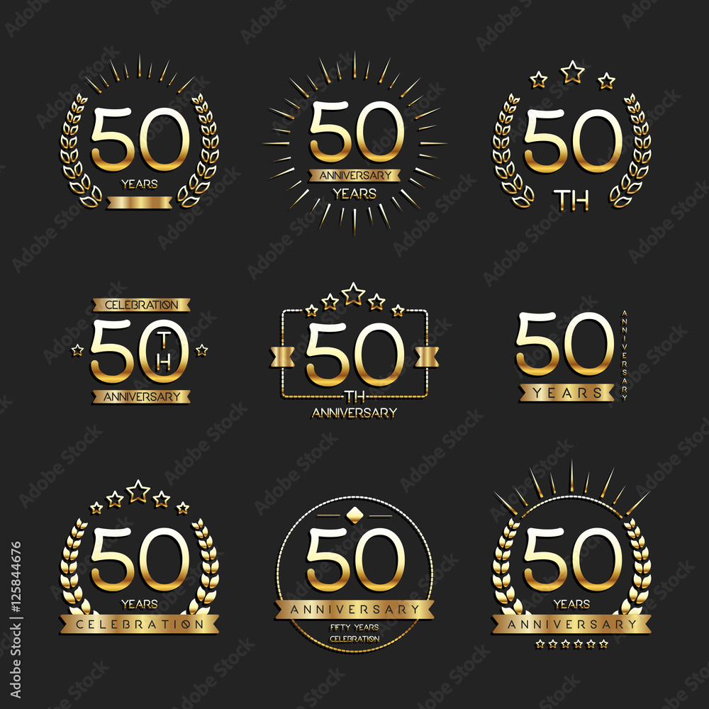 Naklejka premium Fifty years anniversary celebration logotype. 50th anniversary gold logo set.