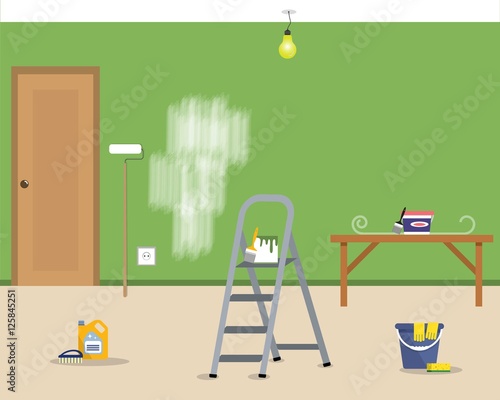 Repairing at home. There is objects for repair in green room in the picture. Vector illustration