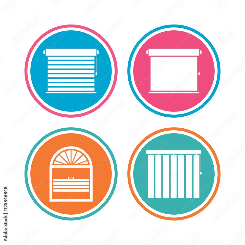 Louvers icons. Plisse, rolls, vertical and horizontal. Window blinds or jalousie symbols. Colored circle buttons. Vector Louvers icons. Plisse, rolls, vertical and horizontal. Window blinds or jalousie symbols. Colored circle buttons. Vector