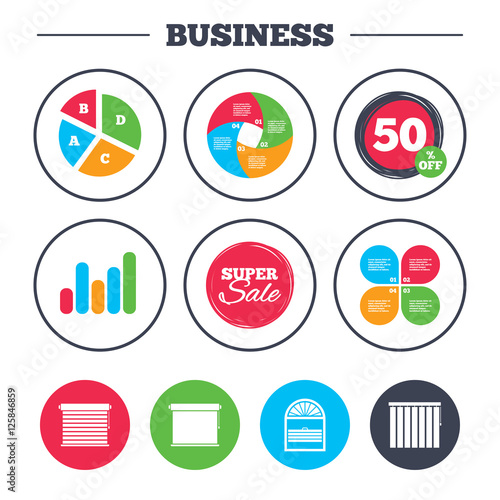 Business pie chart. Growth graph. Louvers icons. Plisse, rolls, vertical and horizontal. Window blinds or jalousie symbols. Super sale and discount buttons. Vector