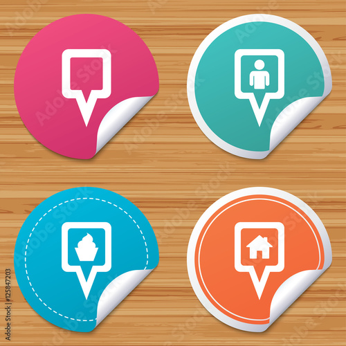 Round stickers or website banners. Map square pointer icons. Home, food and user location symbols. Restaurant and cupcake signs. You are here. Circle badges with bended corner. Vector