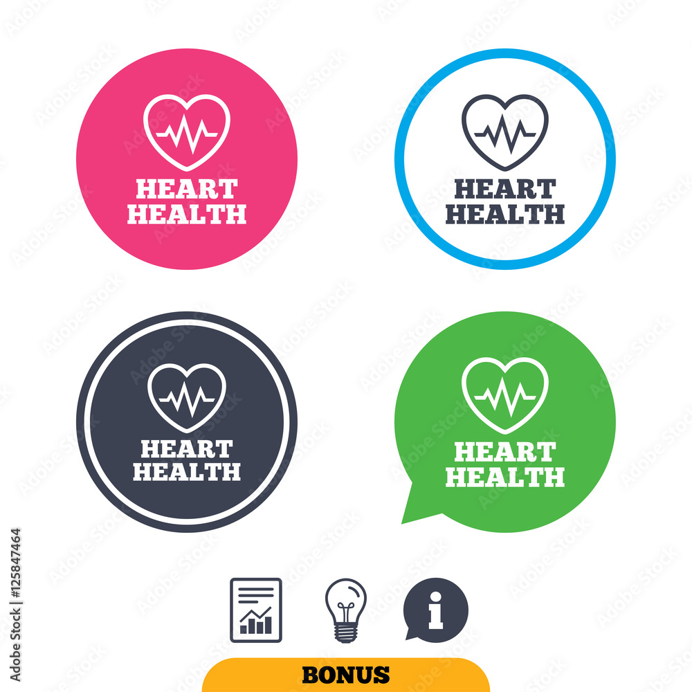 Heartbeat sign icon. Heart health cardiogram check symbol. Report document, information sign and light bulb icons. Vector Heartbeat sign icon. Heart health cardiogram check symbol. Report document, information sign and light bulb icons. Vector