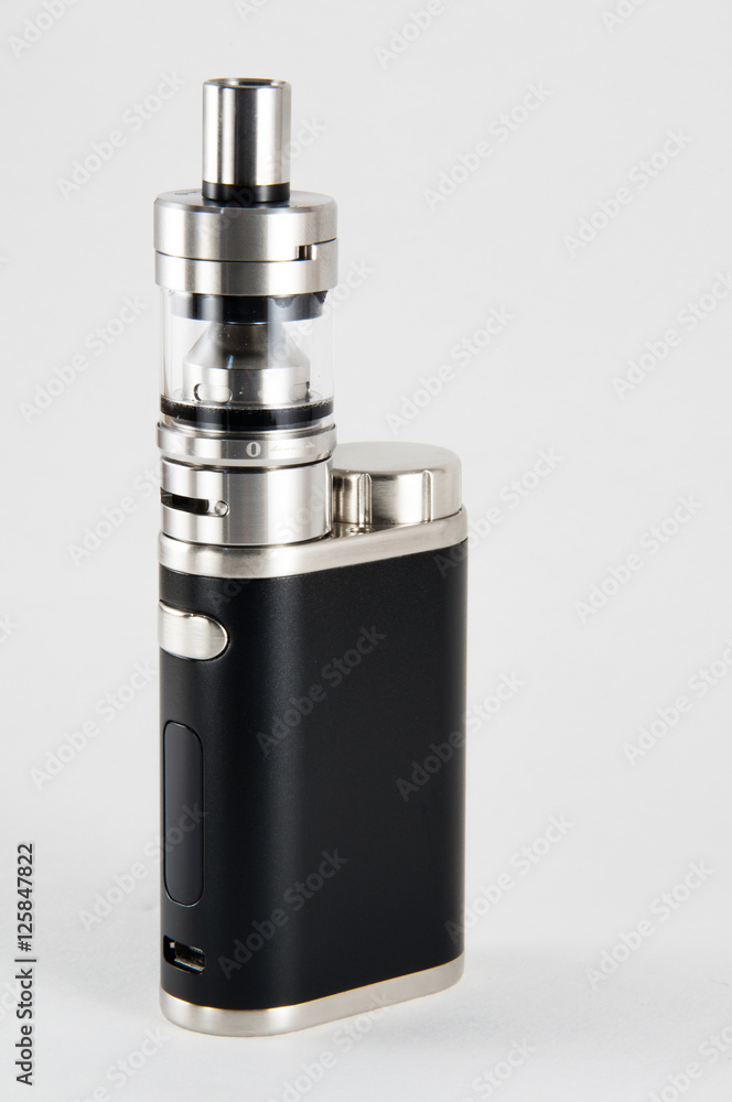 E-cigarette or vaping device. Black and steel. E-cigarette or vaping device. Black and steel.