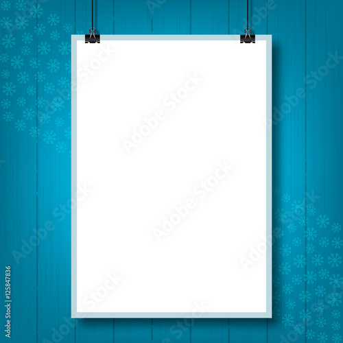 Mockup placard Christmas party. Mock up poster on the wall turquoise, winter background, snowflakes. Empty A4 sized paper frame mockup hanging with paper clip. Elements isolated, Vector illustration
