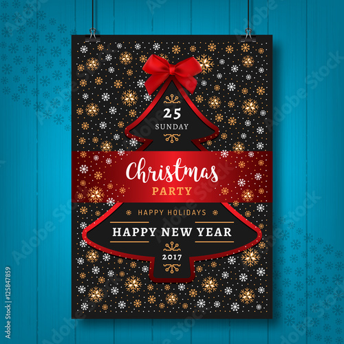 Poster Party Christmas and Happy New Year card or flyer. Holiday winter placard hanging on a wooden wall. Christmas party invitation: christmas tree, red bow, snowflakes, lettering. Vector Eps 10