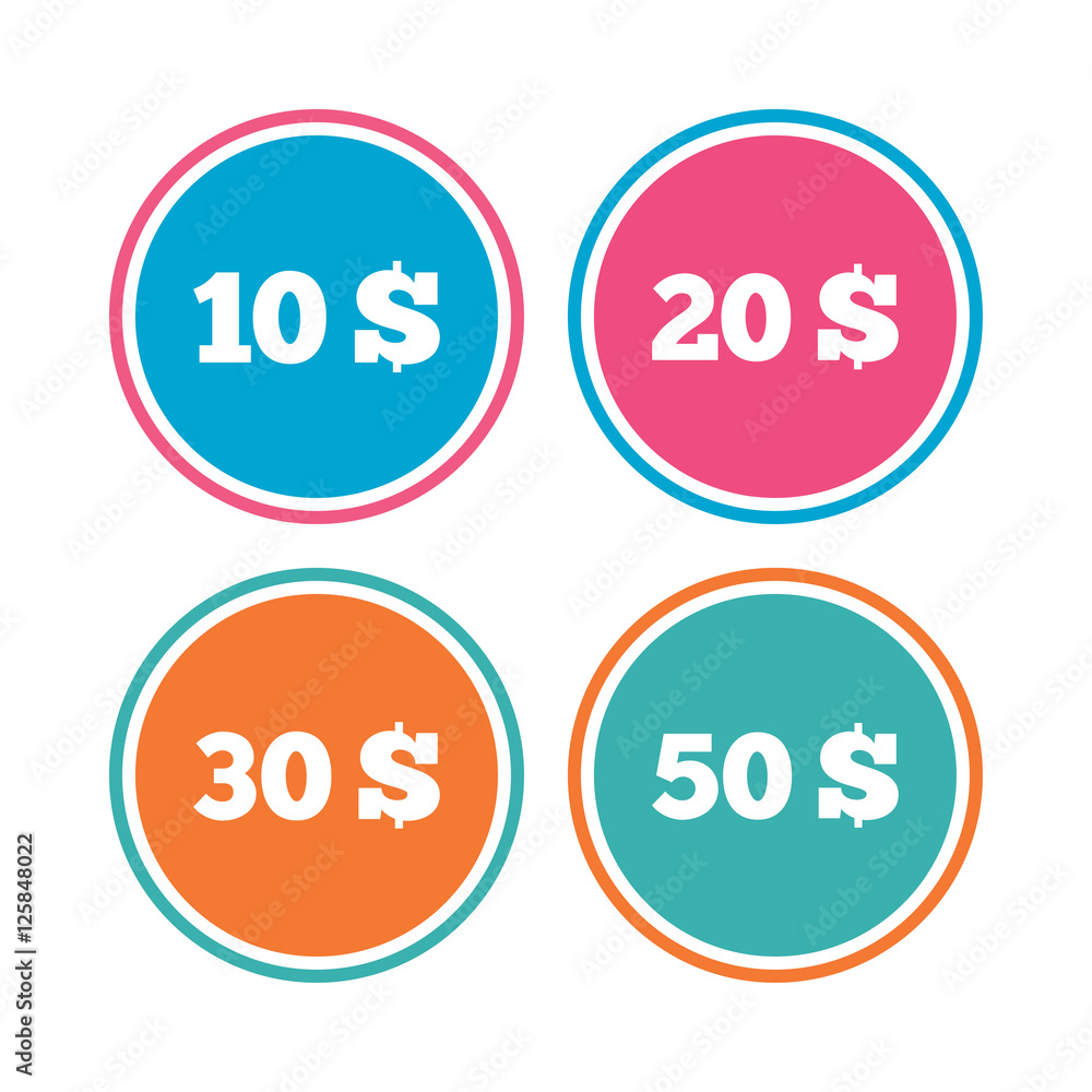 Money in Dollars icons. 10, 20, 30 and 50 USD symbols. Money signs Colored circle buttons. Vector Money in Dollars icons. 10, 20, 30 and 50 USD symbols. Money signs Colored circle buttons. Vector