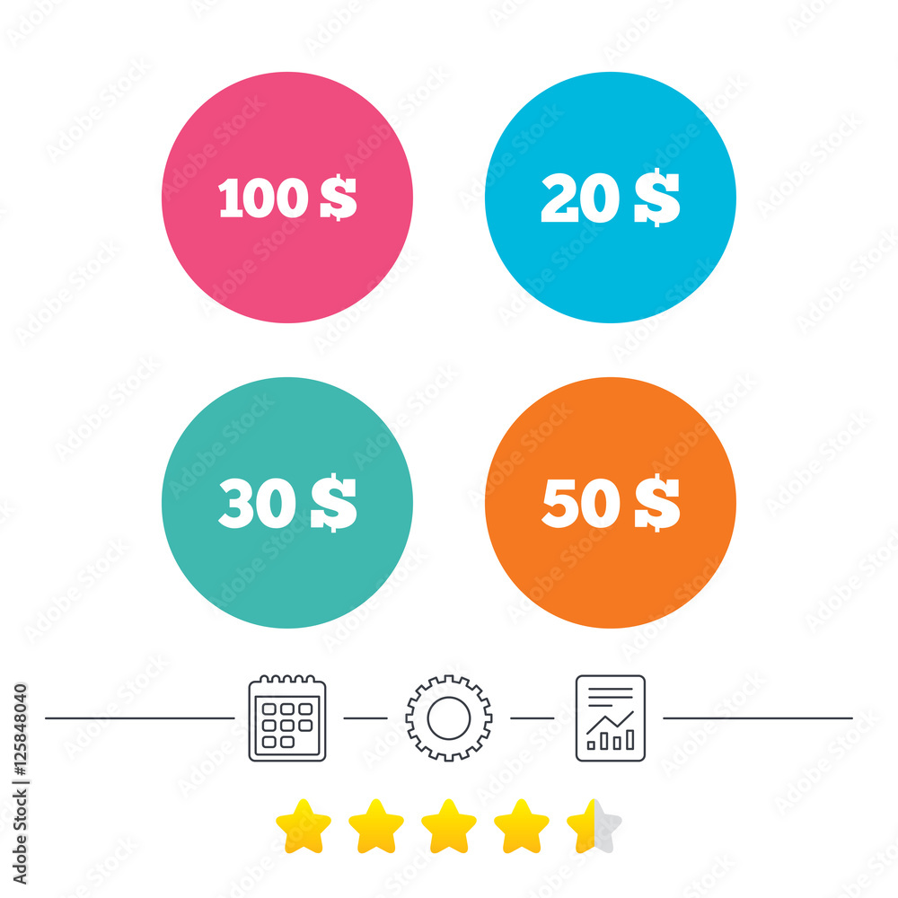 Money in Dollars icons. 100, 20, 30 and 50 USD symbols. Money signs Calendar, cogwheel and report linear icons. Star vote ranking. Vector Money in Dollars icons. 100, 20, 30 and 50 USD symbols. Money signs Calendar, cogwheel and report linear icons. Star vote ranking. Vector