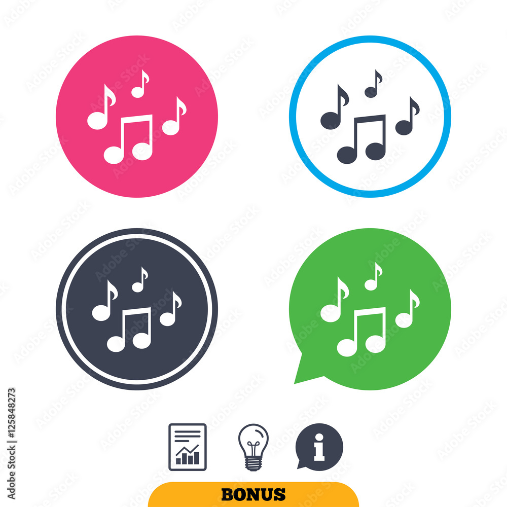 Music notes sign icon. Musical symbol. Report document, information sign and light bulb icons. Vector Music notes sign icon. Musical symbol. Report document, information sign and light bulb icons. Vector