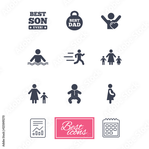 People, family icons. Swimming, baby and pregnant woman signs. Best dad, runner and fan symbols. Report document, calendar icons. Vector
