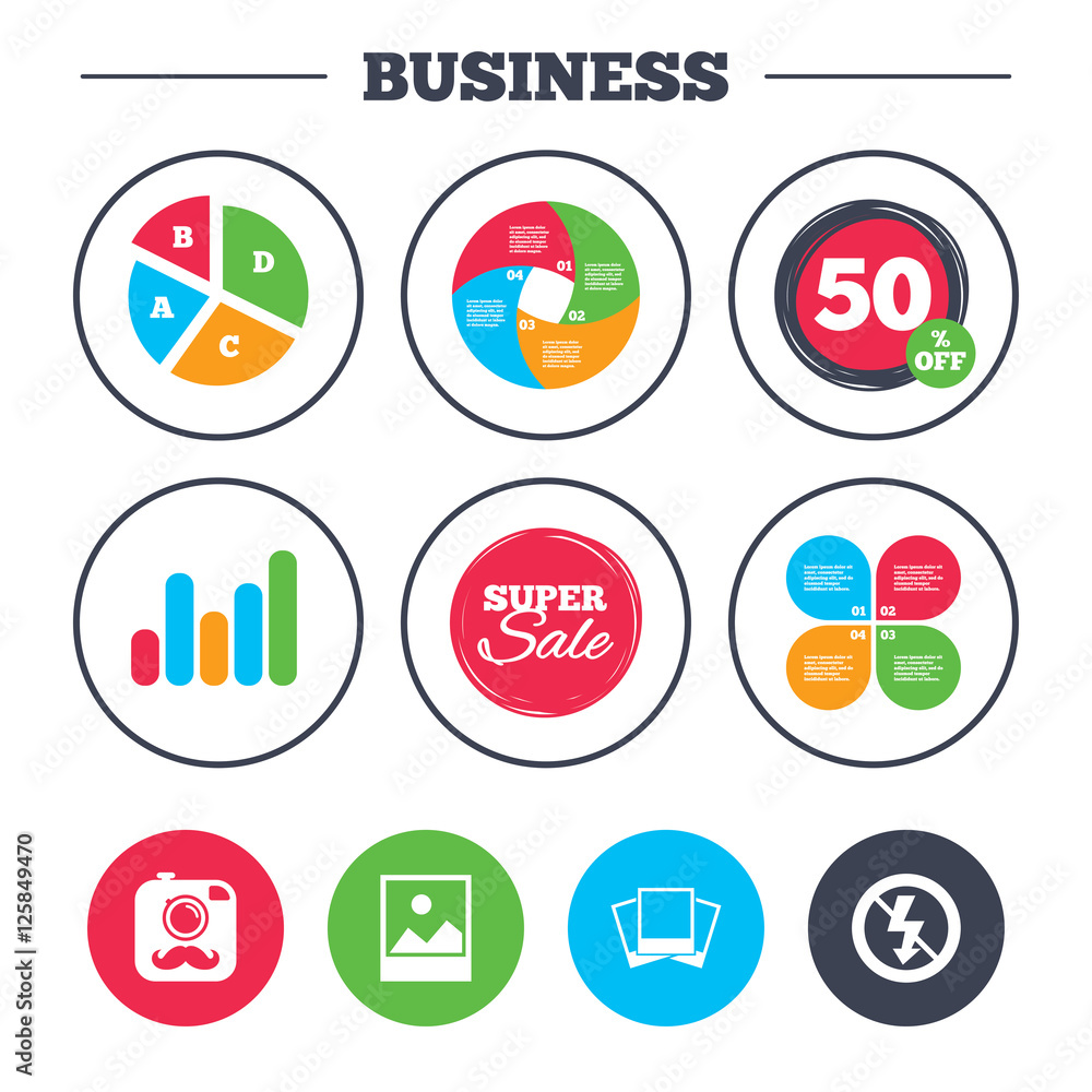 Business pie chart. Growth graph. Hipster retro photo camera with mustache icon. No flash light symbol. Landscape photo frame. Super sale and discount buttons. Vector Business pie chart. Growth graph. Hipster retro photo camera with mustache icon. No flash light symbol. Landscape photo frame. Super sale and discount buttons. Vector