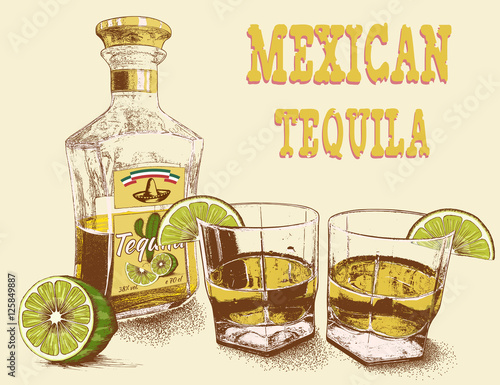 Two stemware of tequila with bottle