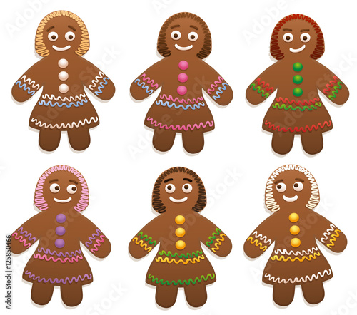 Female gingerbread man group - isolated vector illustration on white background.