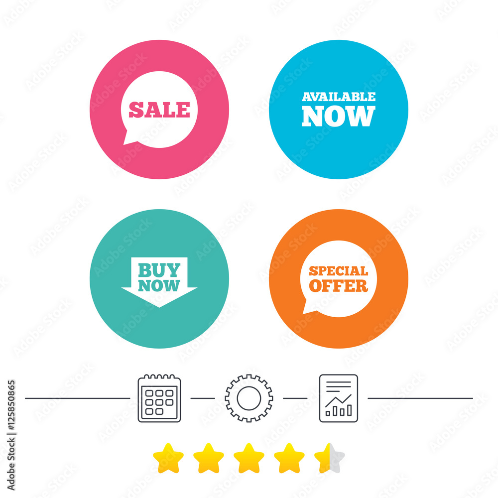 Obraz premium Sale icons. Special offer speech bubbles symbols. Buy now arrow shopping signs. Available now. Calendar, cogwheel and report linear icons. Star vote ranking. Vector