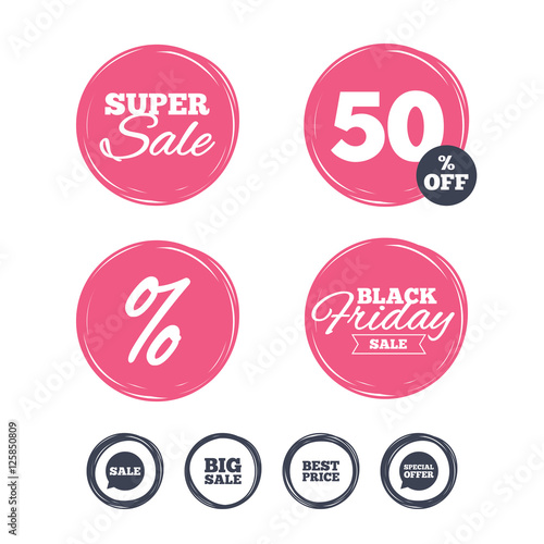 Super sale and black friday stickers. Sale icons. Special offer speech bubbles symbols. Big sale and best price shopping signs. Shopping labels. Vector