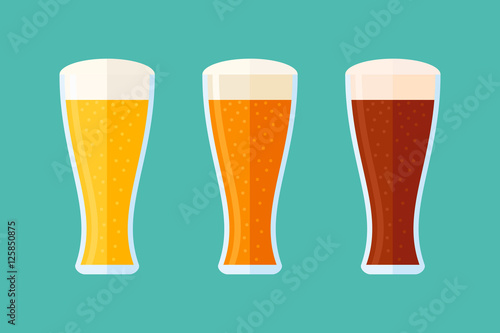 Different beer types: classic white, light and dark. Set of glasses with beer. Flat style horizontal banner. Vector illustration.