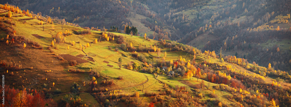 Autumn mountain panorama. October on Carpathian hills