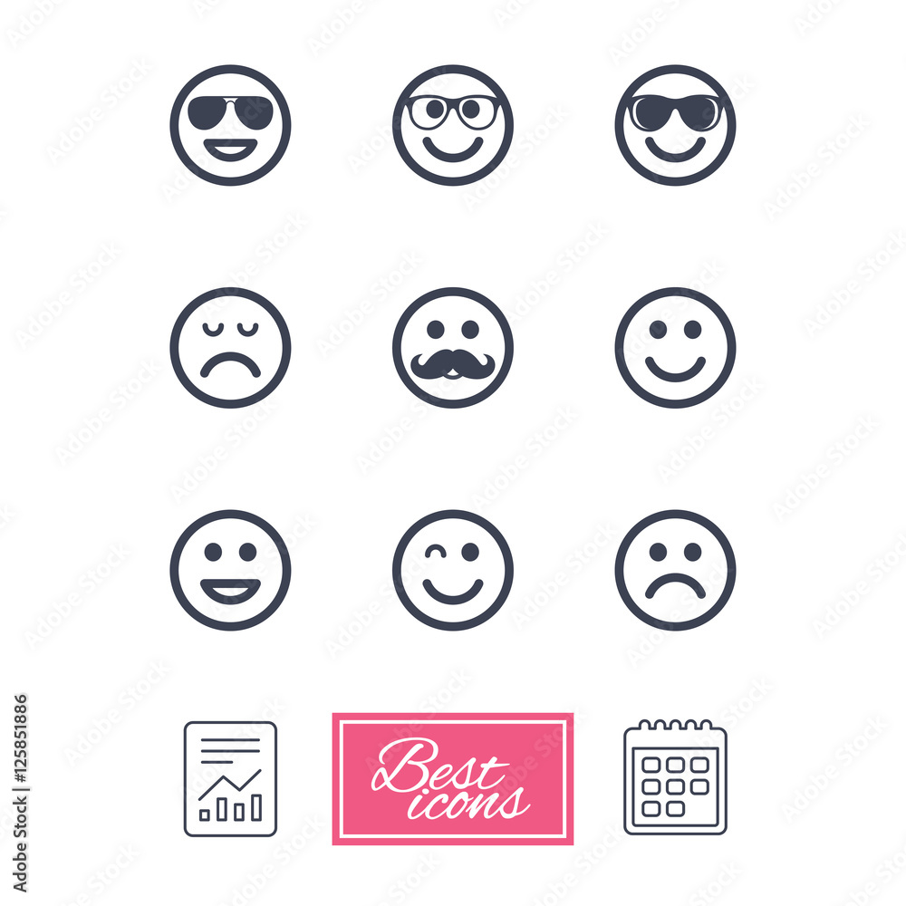Smile icons. Happy, sad and wink faces signs. Sunglasses, mustache and laughing lol smiley symbols. Report document, calendar icons. Vector Smile icons. Happy, sad and wink faces signs. Sunglasses, mustache and laughing lol smiley symbols. Report document, calendar icons. Vector