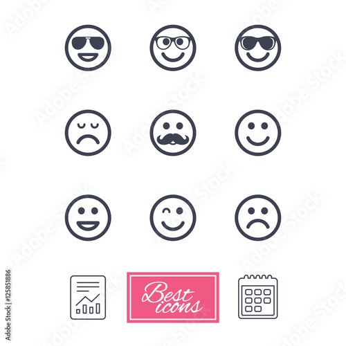 Smile icons. Happy, sad and wink faces signs. Sunglasses, mustache and laughing lol smiley symbols. Report document, calendar icons. Vector