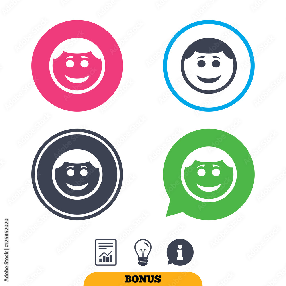 Smile face sign icon. Happy smiley with hairstyle chat symbol. Report document, information sign and light bulb icons. Vector