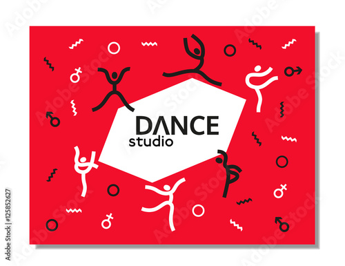 Dance icon concept. Ballet studio logo design template. Fitness dance class banner background with symbol of abstract people ballerina in dancing poses. Vector illustration.