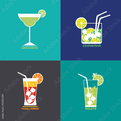 Drinks concept. Flat design icons set. Cosmopolitan cocktail in glass with ice. Template for logo. Idea for promotion, advertising banner background. Vector illustration