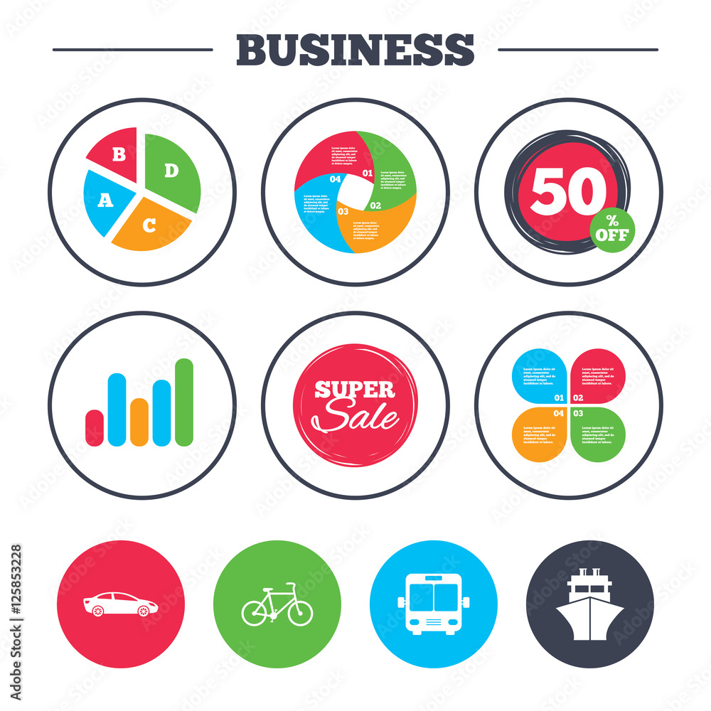 Business pie chart. Growth graph. Transport icons. Car, Bicycle, Public bus and Ship signs. Shipping delivery symbol. Family vehicle sign. Super sale and discount buttons. Vector Business pie chart. Growth graph. Transport icons. Car, Bicycle, Public bus and Ship signs. Shipping delivery symbol. Family vehicle sign. Super sale and discount buttons. Vector