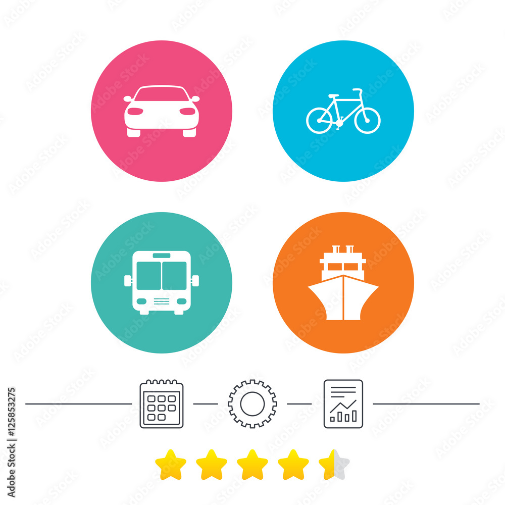 Transport icons. Car, Bicycle, Public bus and Ship signs. Shipping delivery symbol. Family vehicle sign. Calendar, cogwheel and report linear icons. Star vote ranking. Vector Transport icons. Car, Bicycle, Public bus and Ship signs. Shipping delivery symbol. Family vehicle sign. Calendar, cogwheel and report linear icons. Star vote ranking. Vector