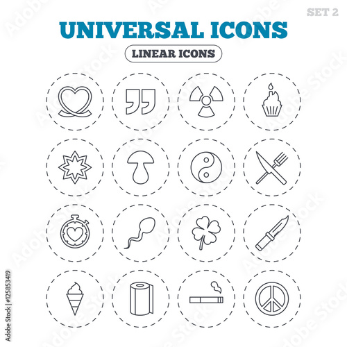 Universal icons. Quotes, ribbon heart and cake. Clover, mushroom and ice cream. Smoking, knife and fork. Round flat buttons with linear icons. Vector