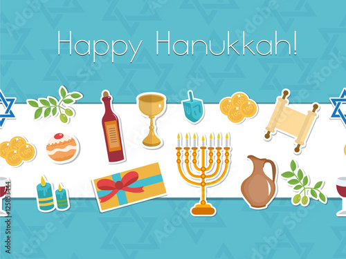Happy Hanukkah seamless poster. Happy Hanukkah greeting card, flyer, invitation. Hanukkah is a Jewish holiday. Greeting Card with Menorah, Sufganiyot, Dreidel. Vector illustration