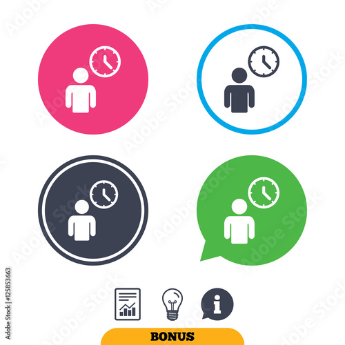 Person waiting sign icon. Time symbol. Queue. Report document, information sign and light bulb icons. Vector