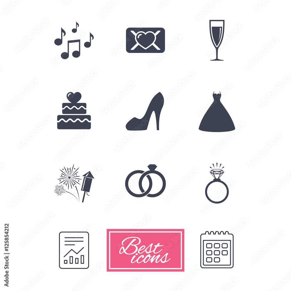 Wedding, engagement icons. Cake with heart, gift box and vow love letter signs. Dress, fireworks and musical notes symbols. Report document, calendar icons. Vector Wedding, engagement icons. Cake with heart, gift box and vow love letter signs. Dress, fireworks and musical notes symbols. Report document, calendar icons. Vector