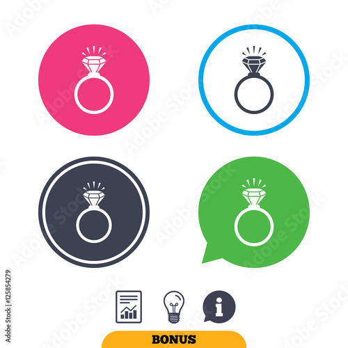 Ring sign icon. Jewelry with shine diamond symbol. Wedding or engagement day symbol. Report document, information sign and light bulb icons. Vector