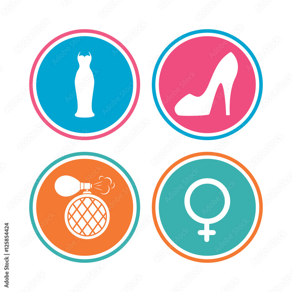 Wedding dress icon. Women shoe sign. Perfume glamour fragrance symbol. Colored circle buttons. Vector Wedding dress icon. Women shoe sign. Perfume glamour fragrance symbol. Colored circle buttons. Vector