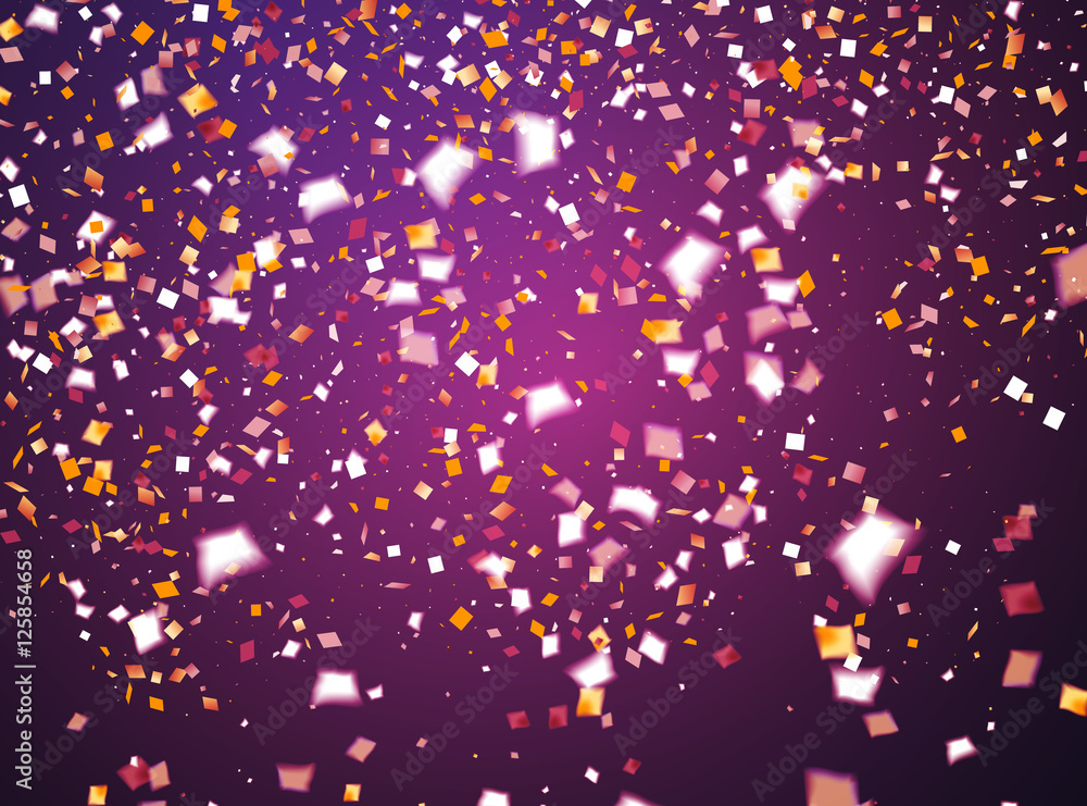 Purple holiday background with flying golden and white confetti, Stock