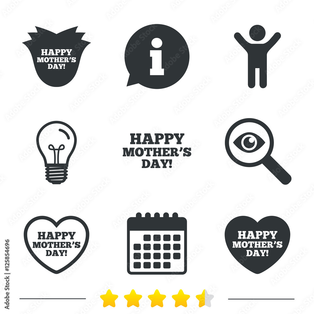 Happy Mothers's Day icons. Mom love heart symbols. Flower rose sign. Information, light bulb and