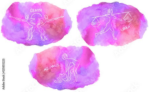 Zodiac Signs triplicity elements of Air on watercolor background, Gemini, Libra, Aquarius