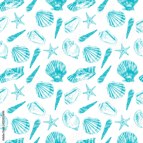Seashells hand drawn vector graphic etching sketch isolated on white background, seamless pattern, underwater artistic marine blue texture, design for greeting card, decorative textile, water fabric