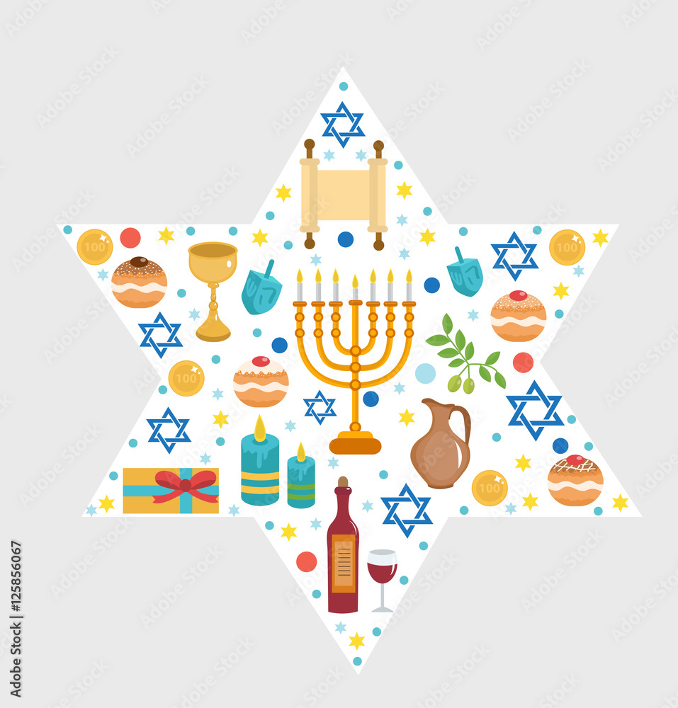 Set icons of Hanukkah, Happy Hanukkah. Hanukkah greeting card. Cartoon icons flat style. Traditional symbols of Jewish culture. Vector illustration. Set icons of Hanukkah, Happy Hanukkah. Hanukkah greeting card. Cartoon icons flat style. Traditional symbols of Jewish culture. Vector illustration.